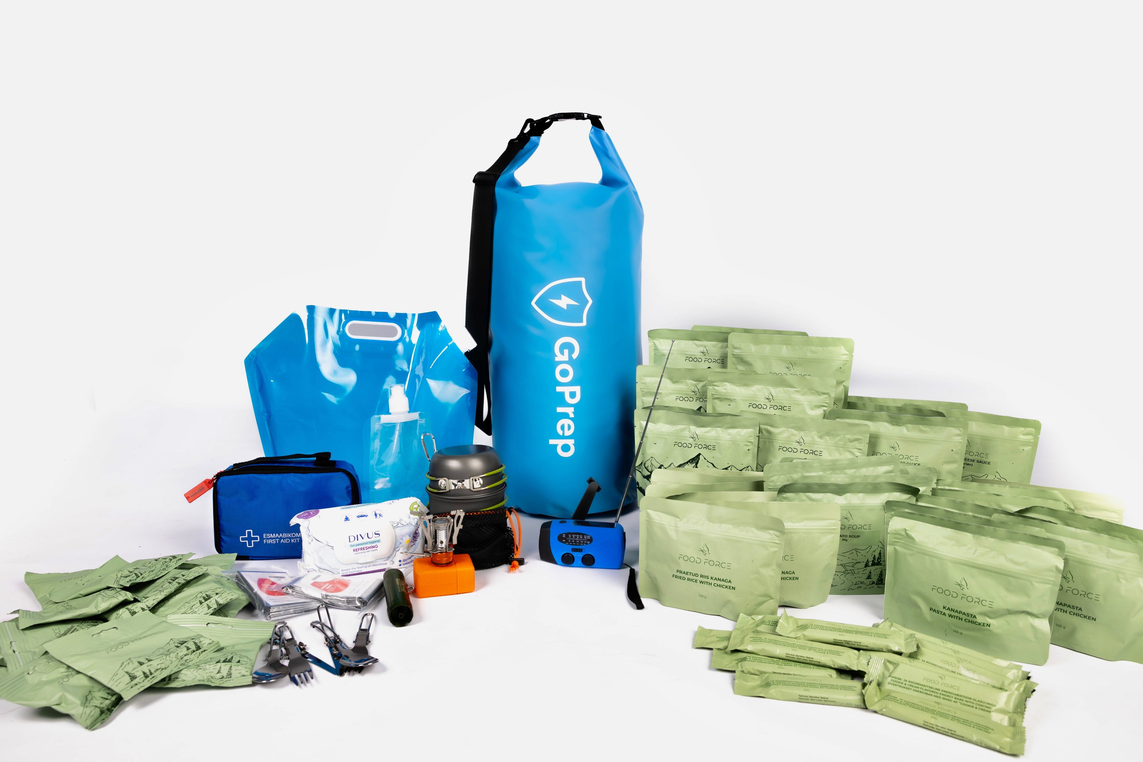 Emergency Kit: Food + Supplies in a Waterproof Bag